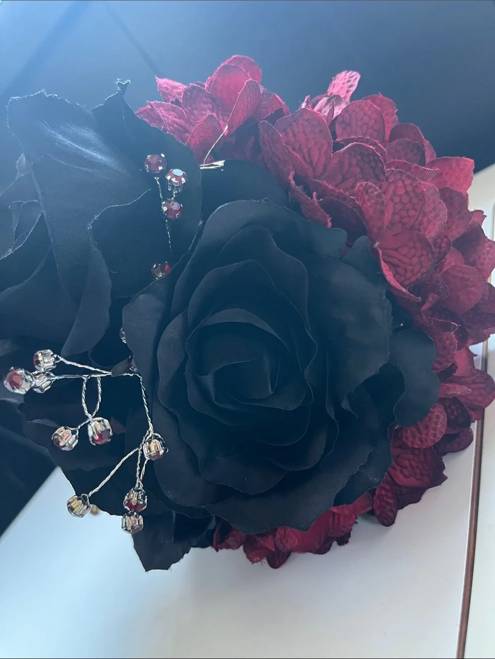 Black & Deep Red Floal Bouquet with Crystal Accents